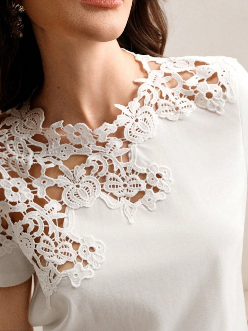 White Casual Women's Crochet Hollow-Out Short Sleeve T-Shirt - Picture 6 of 8